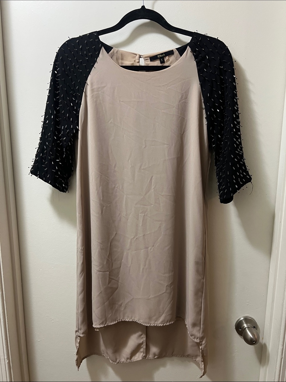 Taupe High-Low Dress with Black Beaded Sleeves
